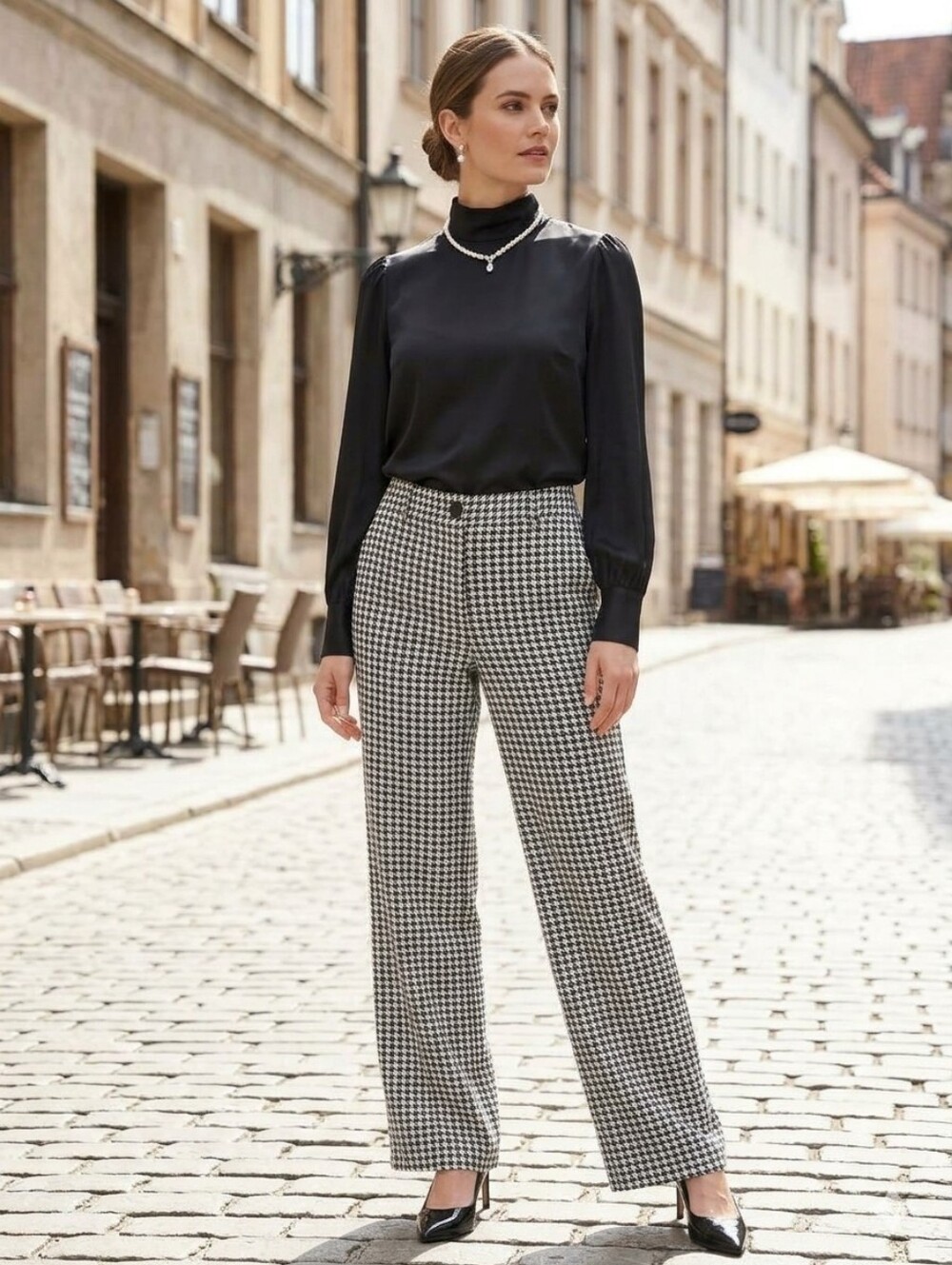 CABI Houndstooth Wide Leg Trousers Pants Black White - size 6